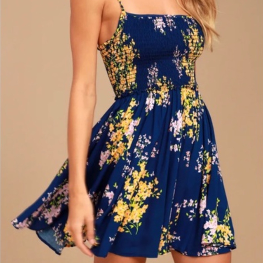 Lulus Fairytale Bliss Blue Floral Spaghetti Strap Dress